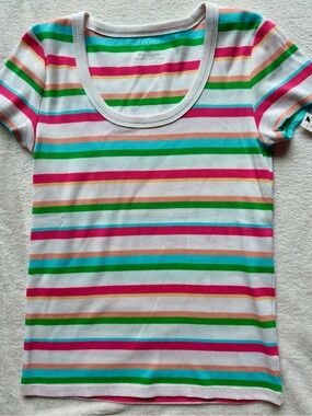 Talbots Petite White Short Sleeve Tee with Pink, Turquoise, Green Stripes